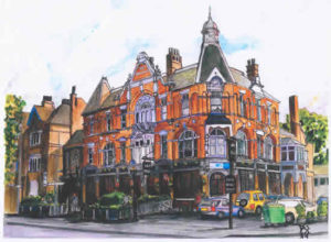 Painting of Half Moon pub facade